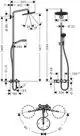 Hansgrohe Duschsystem mit Showerpipe und Thermostat, mit Kopf- und Handbrause sowie verstellbarer Halterung, dargestellt in Seitenansicht mit Maßangaben.